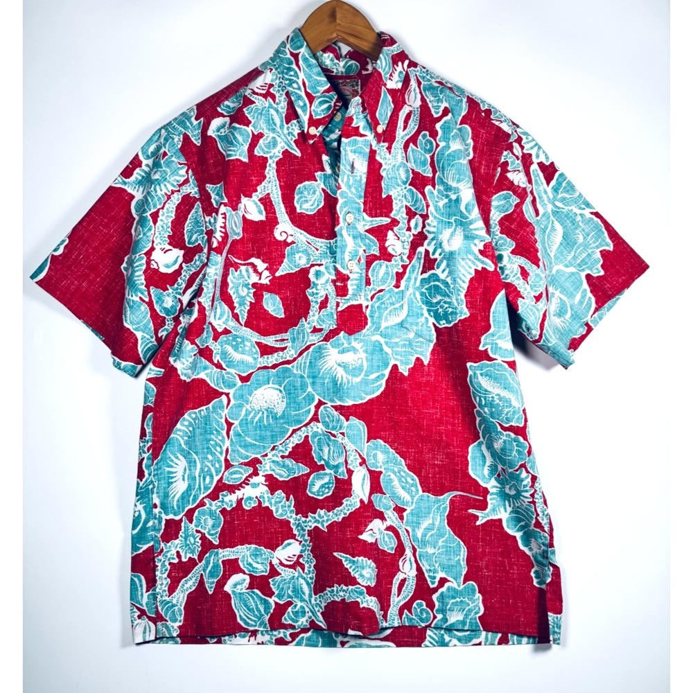 Vintage‎ Reyn Spooner Hawaiian Popover Shirt Mens Medium Red Blue Floral Aloha